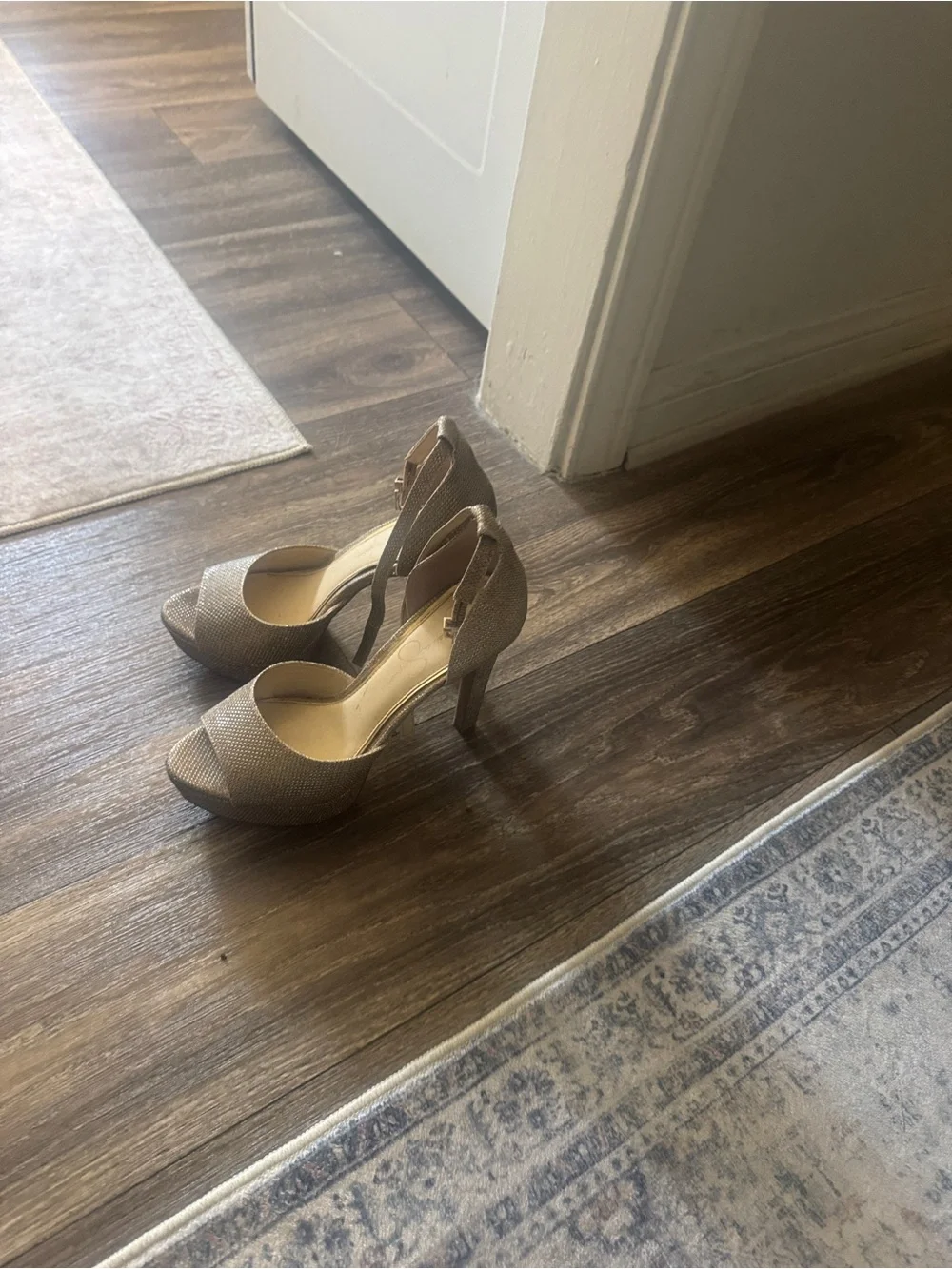 Jessica Simpson Champagne Glitter Open-Toe High Heels with Ankle Strap